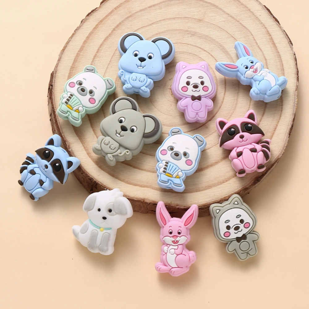 10Pcs Animal Silicone Beads Cartoon Cute Dog Mouse Bunny Teether Beads For Nursing Chew Toy Making DIY Pacifier Chain Keychain