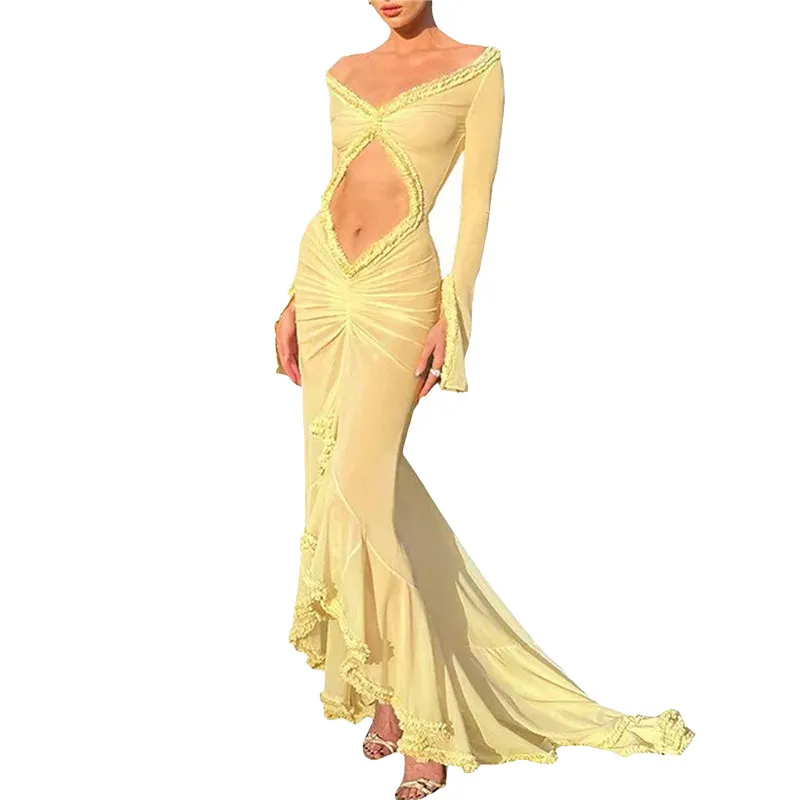 ผู้หญิงเซ็กซี่ลูกไม้ดูผ่านชุดMaxi Y2kดอกไม้Sheerสายคล้องคอBackless Bodyconติดตั้งชุดยาวปาร์ตี้คลับชุด
