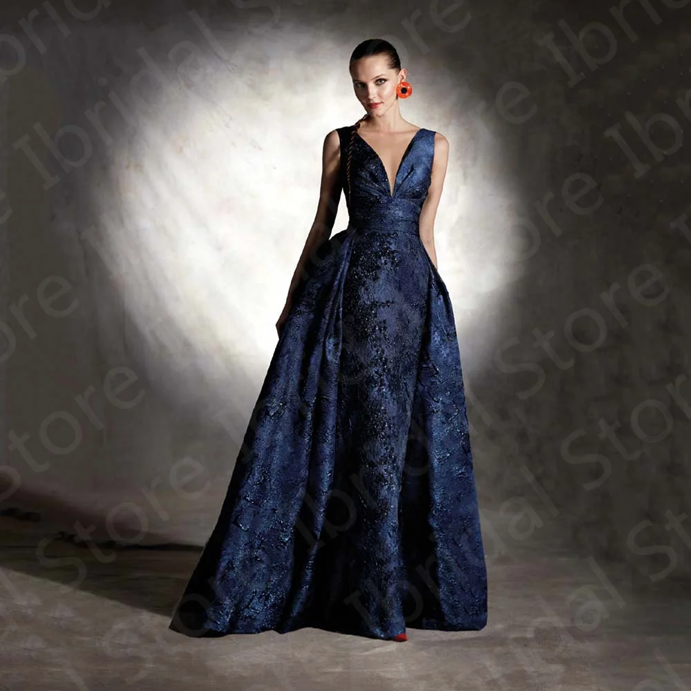 Exquisito vestido de encaje azul marino para madre de la novia, vestidos de novia sin mangas, vestido de invitados de boda con cuello en V