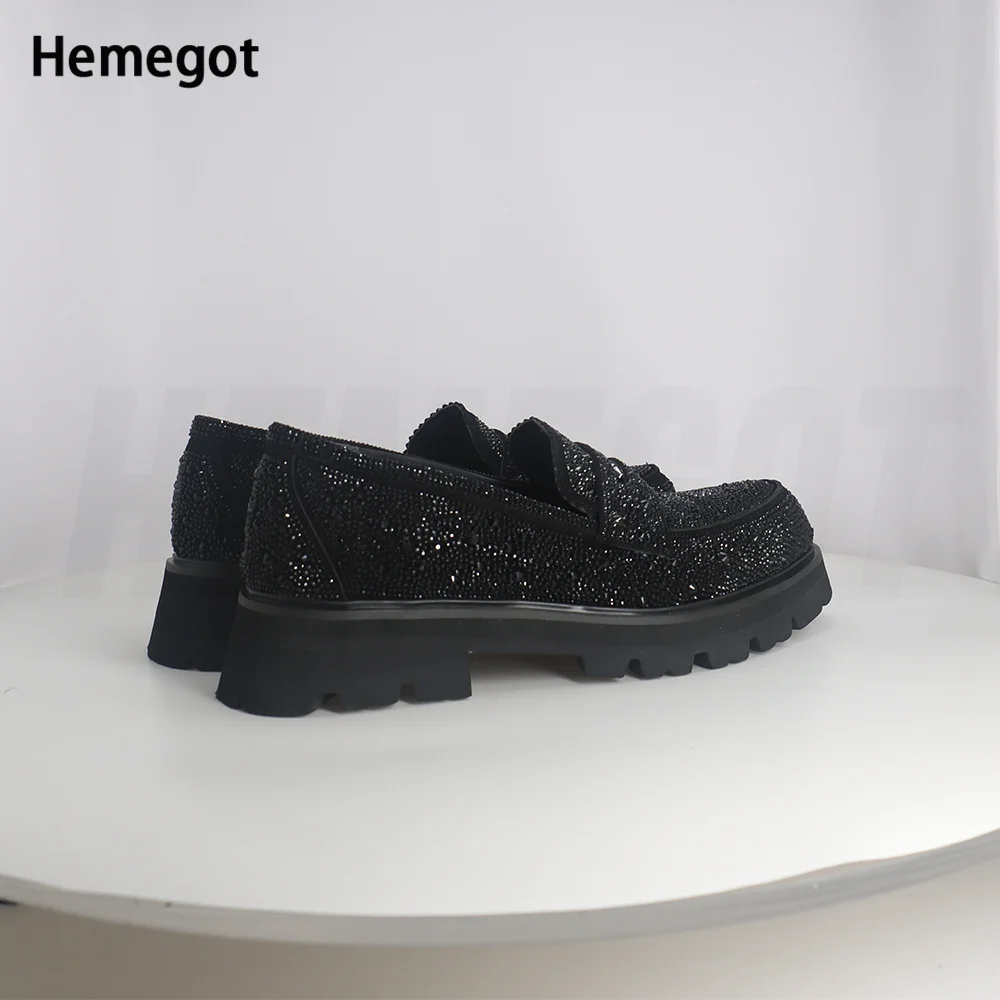 Men Black Rhinestones Loafers Black Bling Bling Men Shoes Newest Round Toe Crystals Slip-On Height Increasing Dress Shoes 38-47