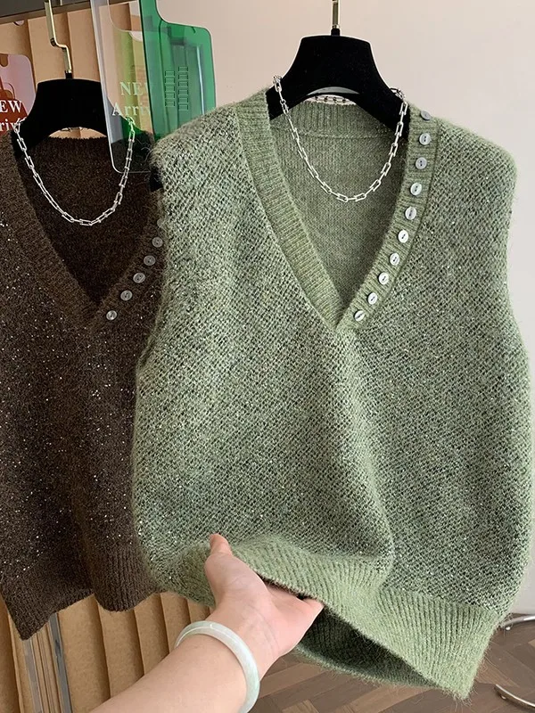 

Женский трикотажный жилет с V-образным вырезом, больших размеров, осенне-зимний, новый, шерстяной, безрукавка, повседневный, с яркими пайетками, цветной