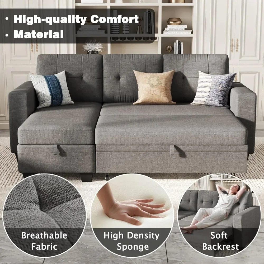 Sofa Bed L Shaped Sectional Couch with Reversible Storage Chaise Lounge, Modern Fabric Pull Out Couch & Couch Bed