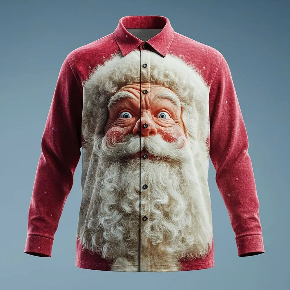 Men's 3D Graphic Long Sleeve,Street Style Fashion, Santa Claus Reindeer funny christmas Print Design,2025 Autumn Casual Shirt