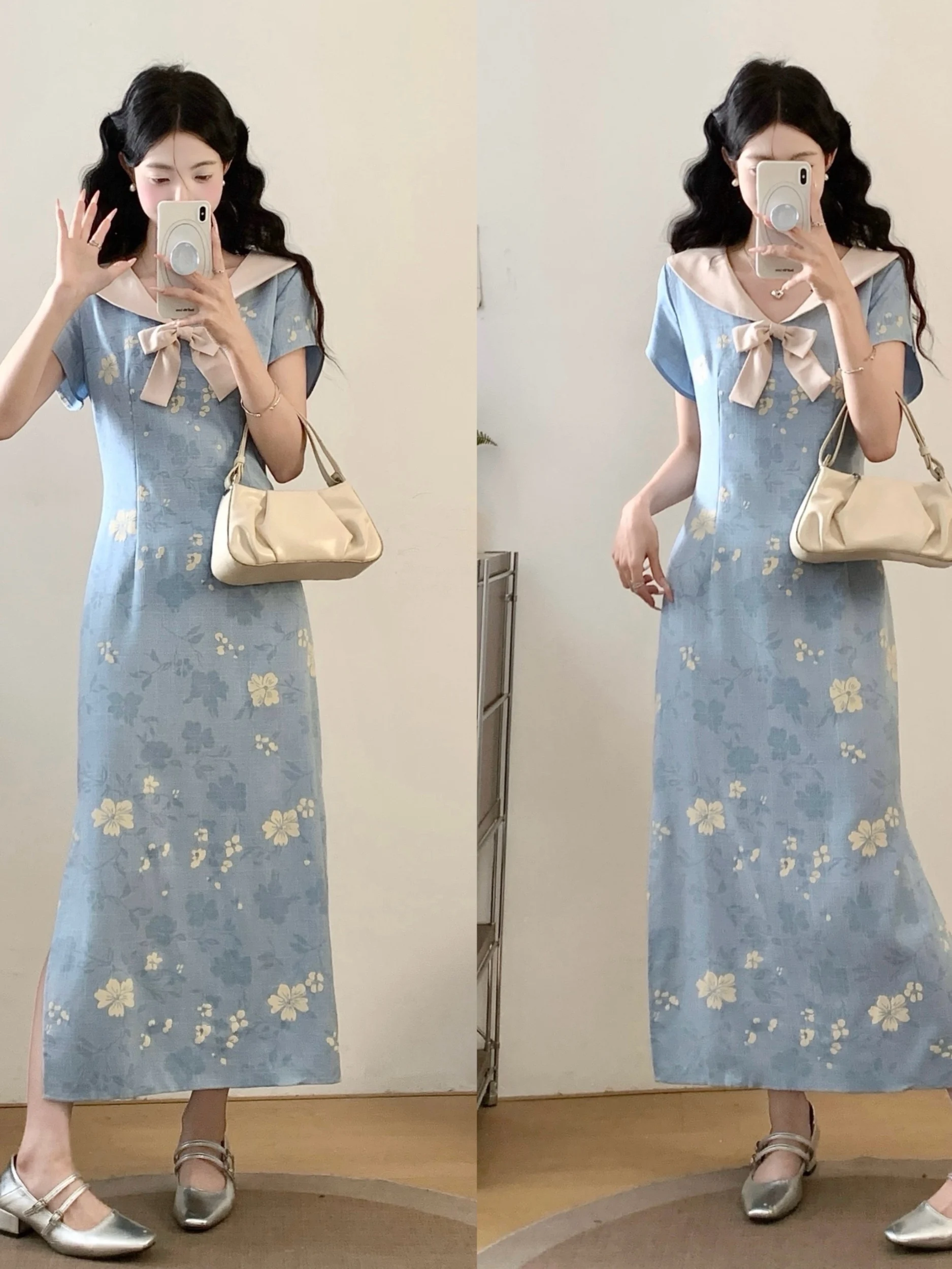 

Blue Traditional Chinese Style plus Size Dress Concealing Waistline Doll Collar Long Skirt for Women Breathable Summer Fashion