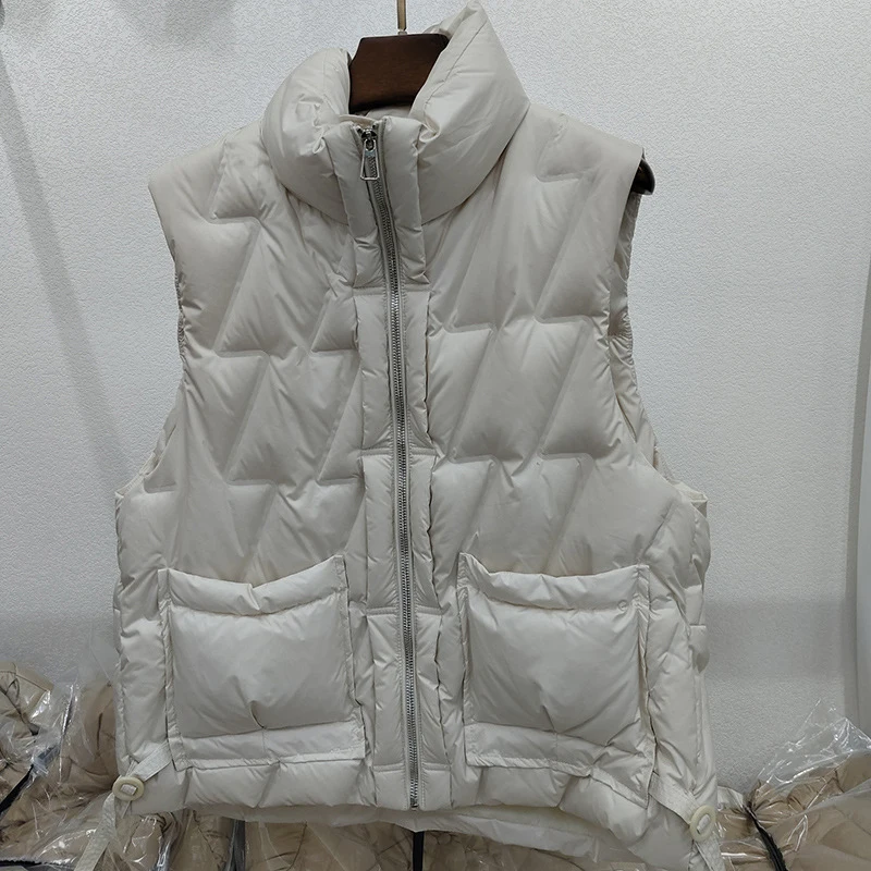 Schinteon Women White Duck Down Vest Casual Autumn Winter Warm Korean Style Stand Collar Sleeveless Jacket 2024 New