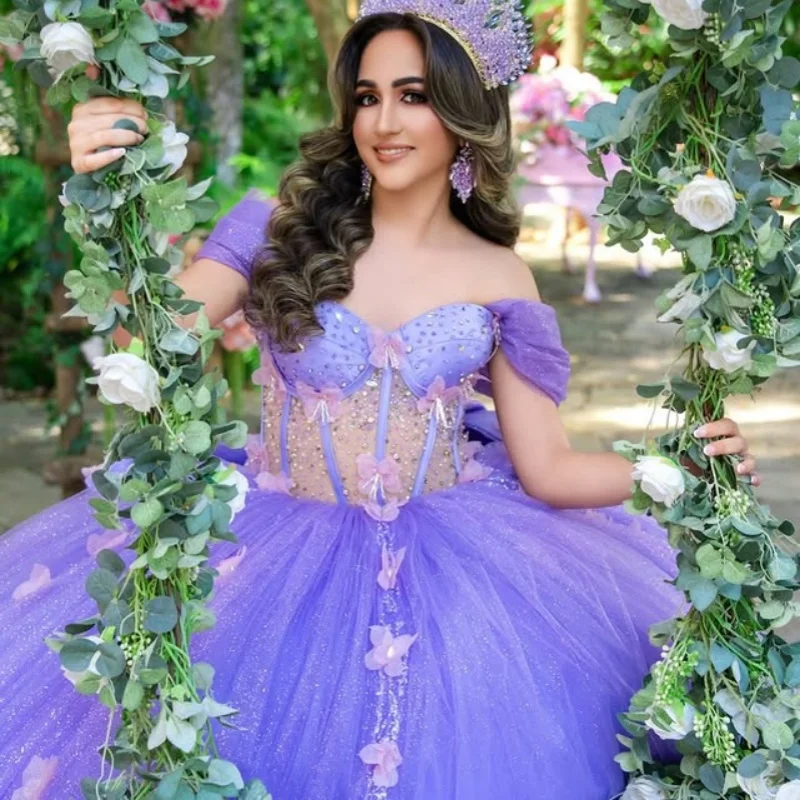 

Customized Shiny Purple Quinceanera Dresses Off the Shoulder crystal applique 3D flower Long tail Bow Vestido 15 Quinceanera