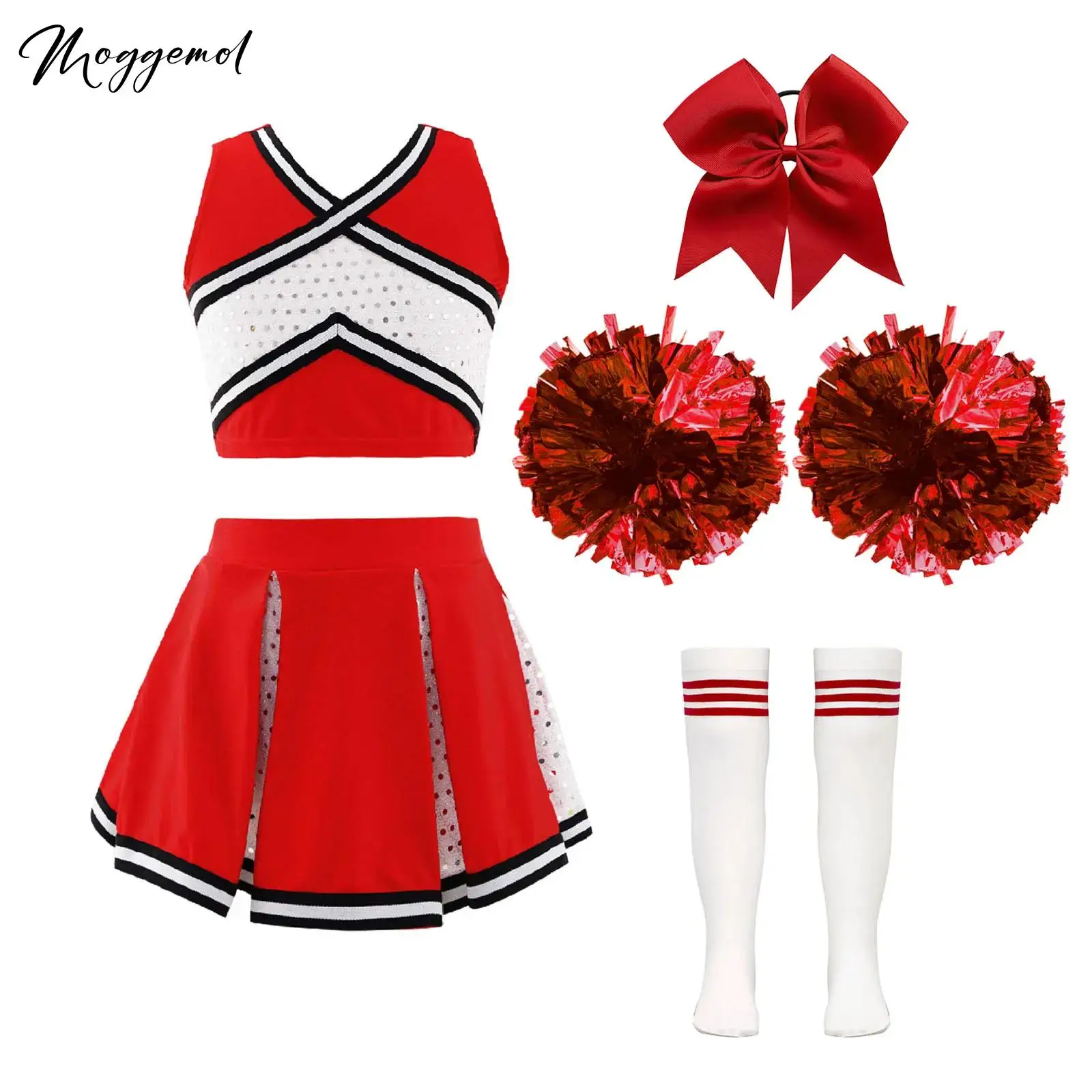 

Kids Girls Cheerleading Costume Dance Performance Outfit School Uniform Cheer Leader Shiny Sequins Crop Top with Skirt and Socks