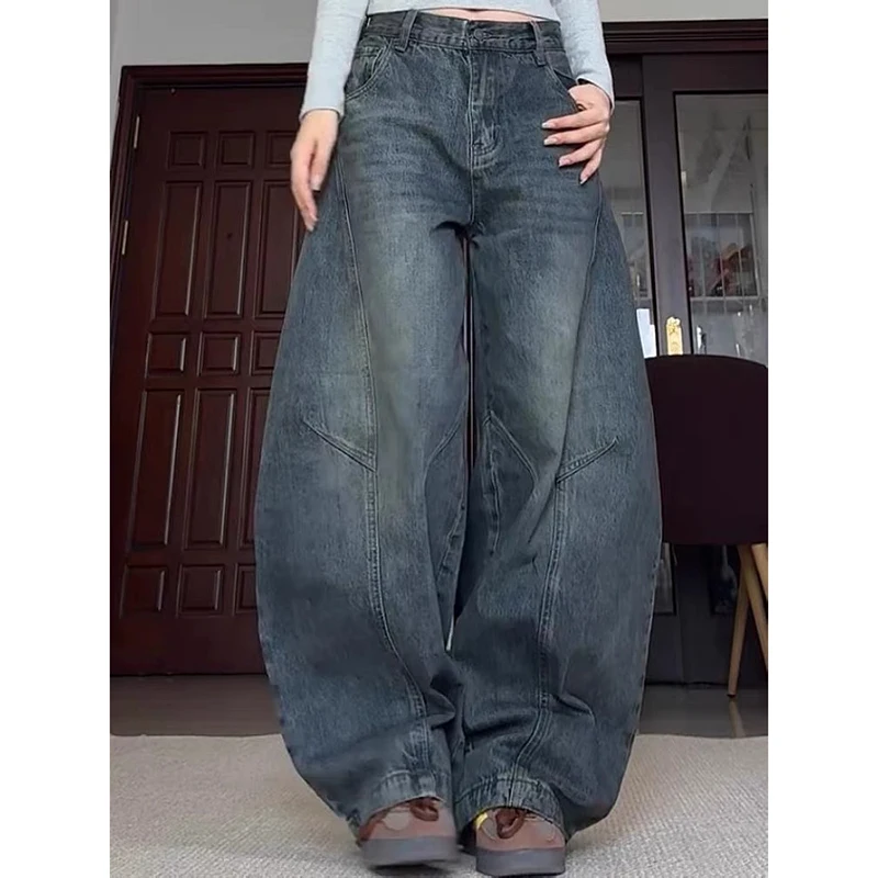 Women Vintage Blue Wide Leg Jeans American Retro Vibe High Street Baggy Denim Trousers Hip Hop Streetwear Wide Leg Pants