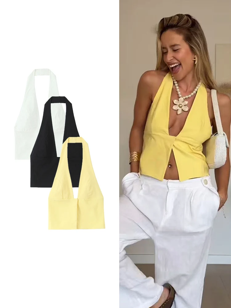 TFMLN جديد الرسن الرقبة مثير قمم للسيدات الصلبة الأساسية كلوبوير أزياء ضئيلة عارية الذراعين المرأة خمر أزياء قصيرة الشارع الشهير