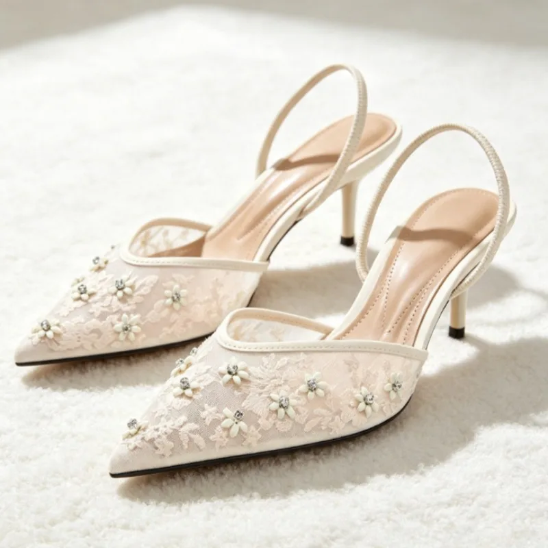 Luxury Mesh Embroidered Crystal Flower Detail Women's Pumps Fashion Pointed Toe Slingback Heels Elegant Wedding Brides Shoes - view 4