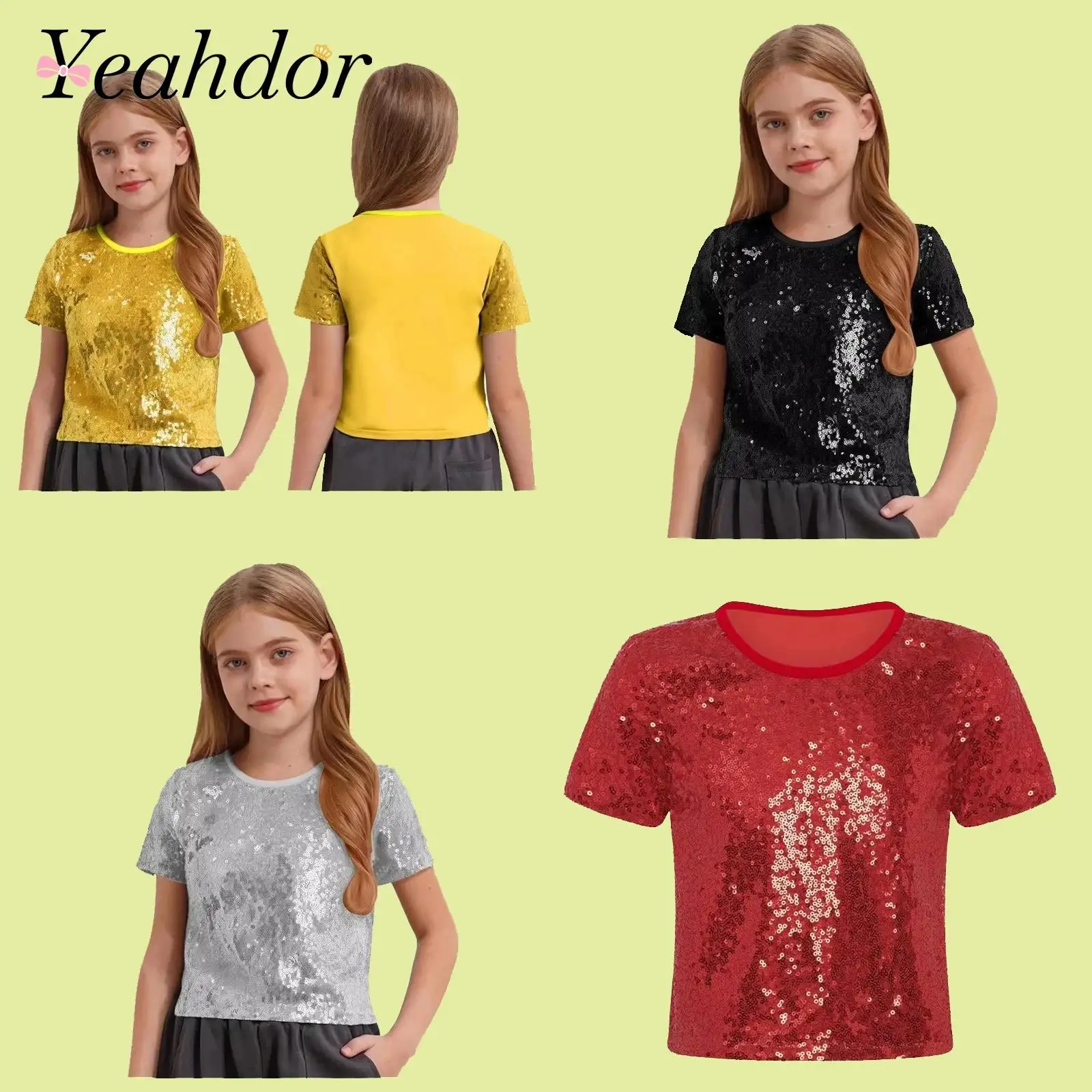 Children's T-shirts Fashion Kids Girls Sparkling Sequin Tops Round Neck Short Sleeve T-shirt Top Streetwear Jazz Dance Costumes