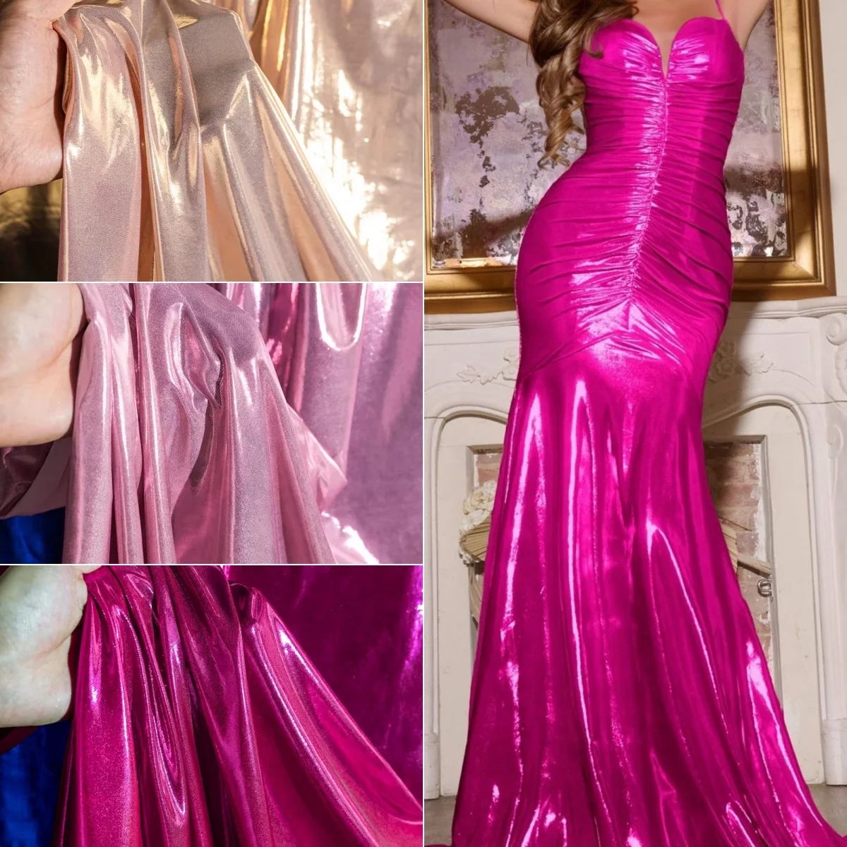 

Розово-красная жидкая металлическая ткань из спандекса - блестящая золотая и серебряная шелковая ткань, подходящая для платьев, леггинсов и дизайнерских материалов.