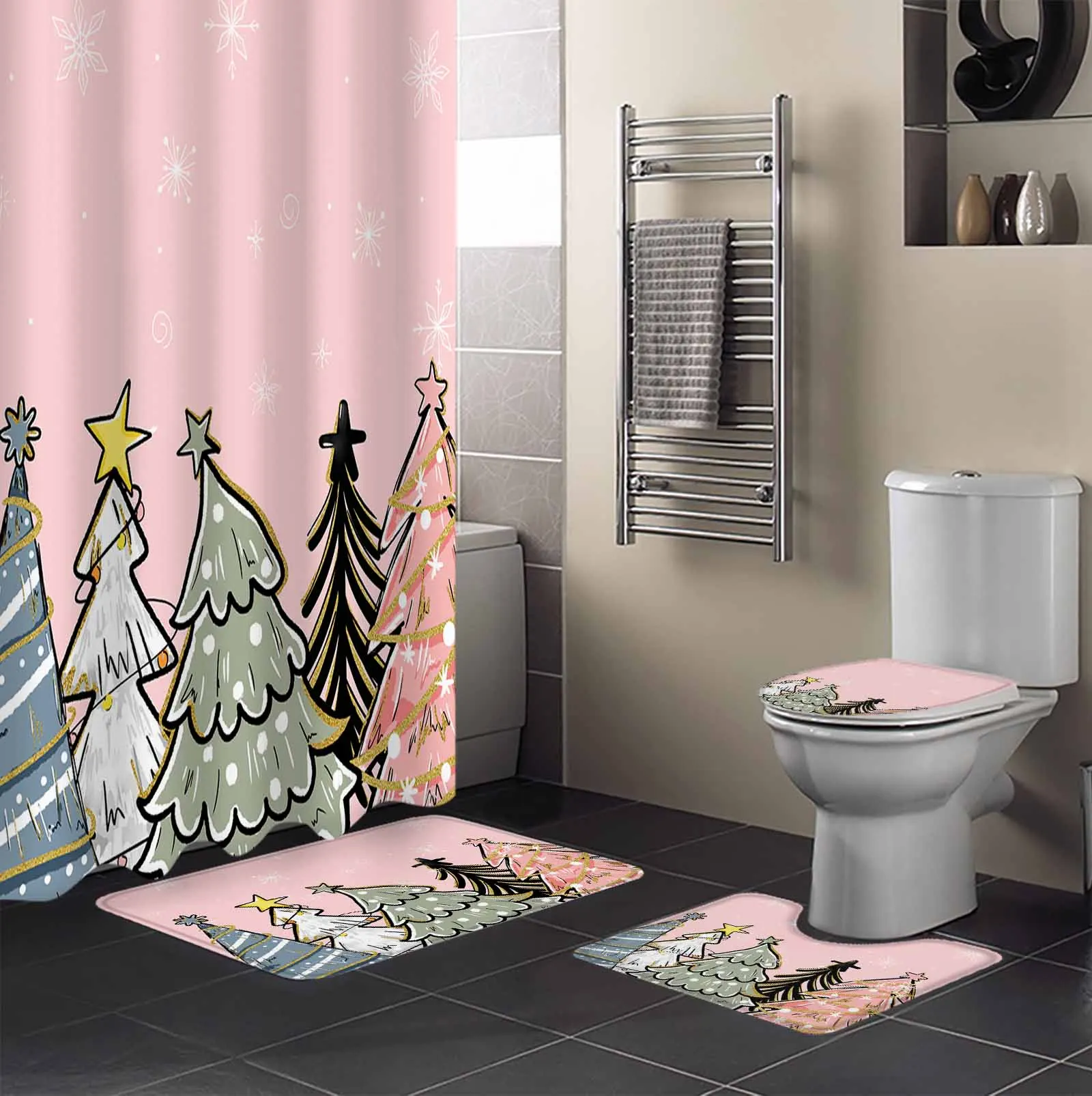 Christmas Tree Snowflake Painting Shower Curtain Set Non-Slip Rugs Bath Mat Toilet Lid Cover Waterproof Bathroom Curtain