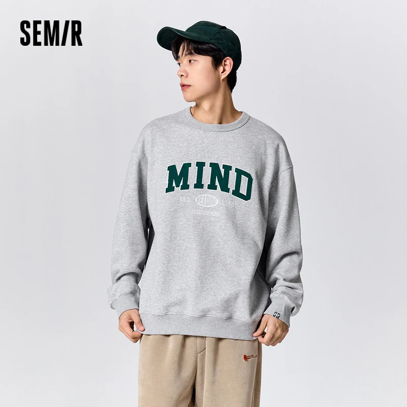 Semir Sweatshirt Men Winter Retro College Style Letter Embroidery Fleece Loose Dropped Shoulder Round Neck Fashion Trendy Top