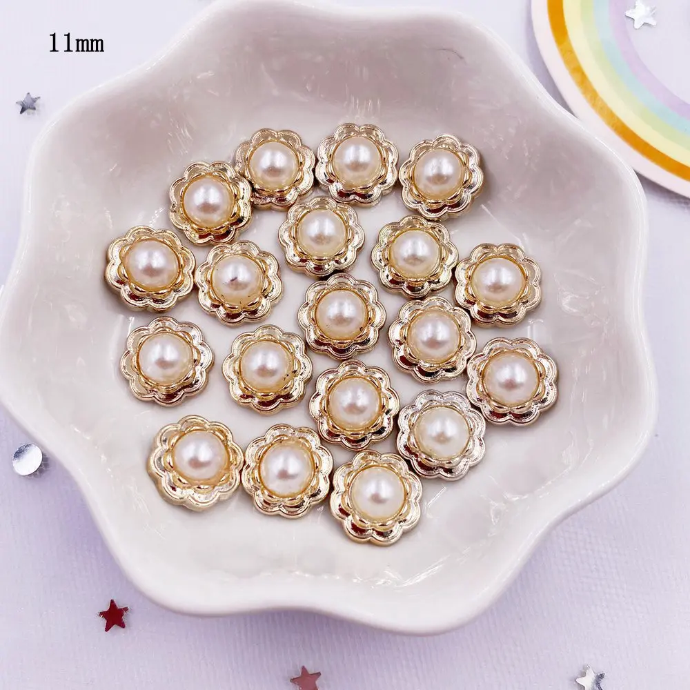 30pcs Golden Color Acrylic Flower Round Pearl Flatback Rhinestone Buttons Appliques DIY Scrapbook Ornament Craft Accessorie V021