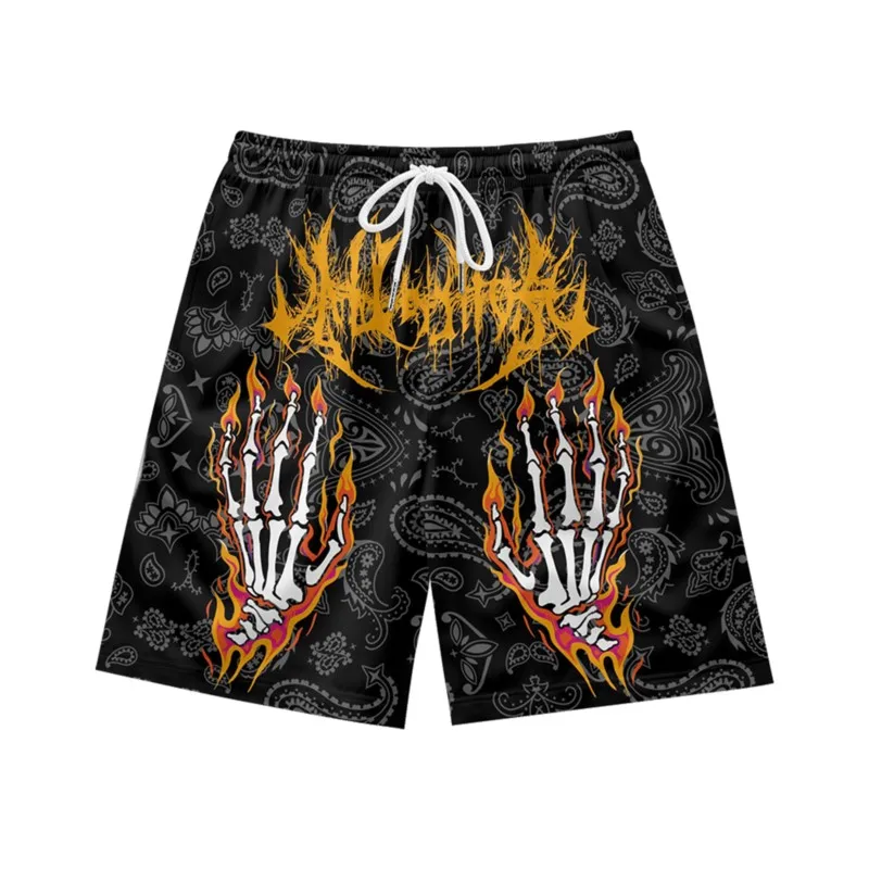 Burning Skeleton Fingers Print Men's Breathable Quick Dry Drawstring Waist Shorts Casual Polyester Sport Shorts For Men