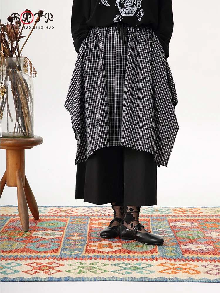 

Original Design Plaid Skirt Wide Leg Pants Women's Casual Trousers Straight Cut Autumn New Sle Cotton l Waist