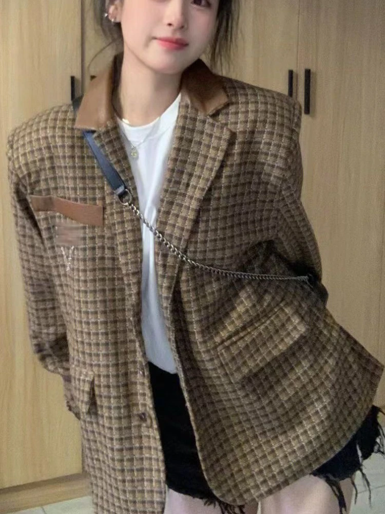 Khaki Vintage Elegant Blazer Women High Street Chic Plaid Design Outerwear Female Streetwear British Fashion Trend Winter Coat