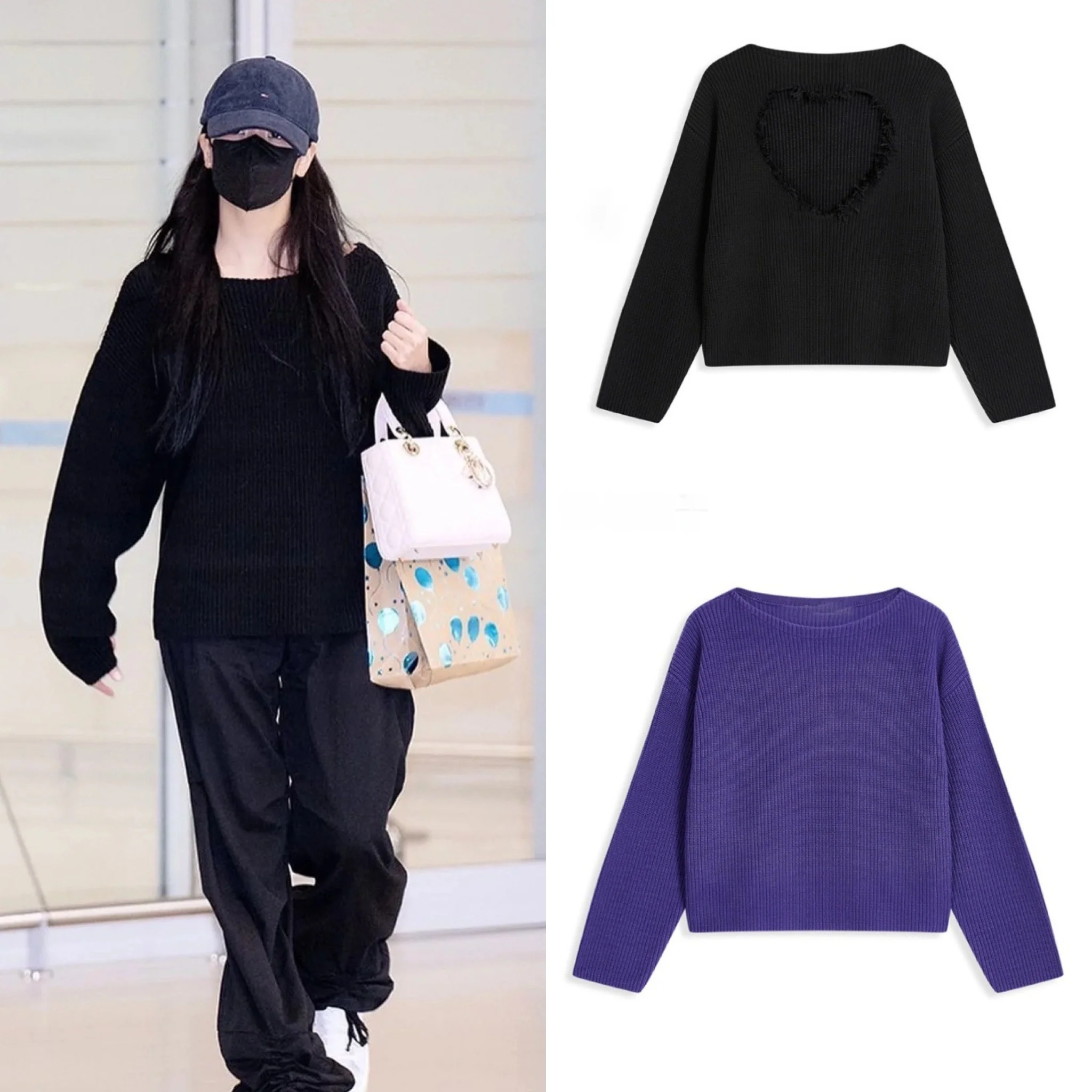

YY Jin Zhi Xiue Love Heart Backless Hollow out Pure Color Knitted Sweater Loose Fit Wool Nylon Blend Long Sleeve Crew Neck
