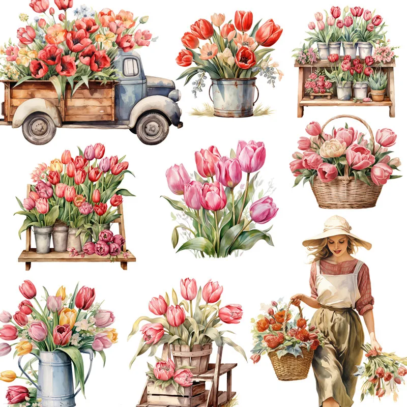 12Pcs/Pack Tulip Truck Sticker DIY Craft Scrapbooking Album Junk Journal Decorative Stickers