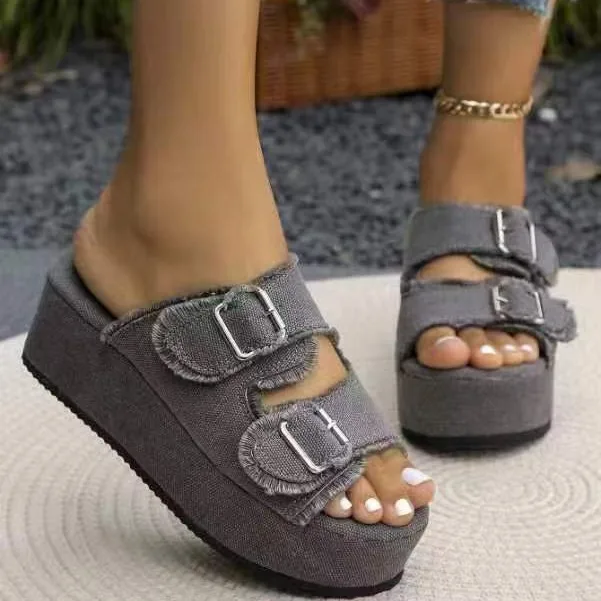 Plus Size 43 Wedge Sandals Women Platform Beach Slippers Summer High Heels Outdoor Casual Thick Slides Denim Sandals Flip Flops