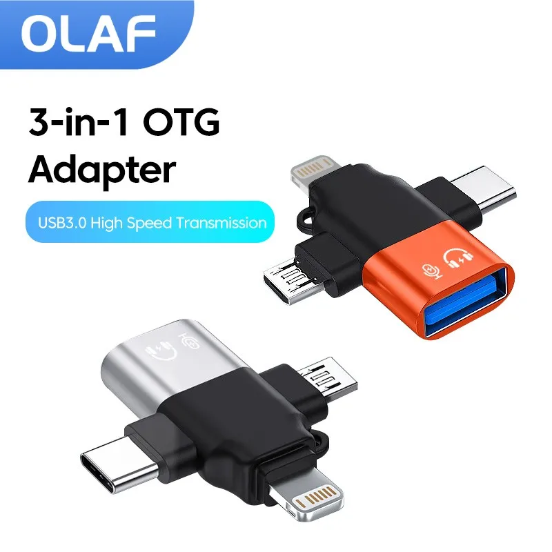 Olaf-adaptador OTG 3 en 1 USB 3,0 a Micro USB tipo C, convertidor Lightning para iphone, Xiaomi, Samsung, ratón, teclado, unidad Flash U