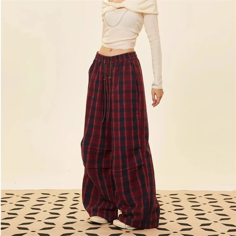 Women's Drawstring Red Checkered Wide Leg Thin Pants Hiphop Young Girl Street Straight Bottoms Female High Waisted Trousers