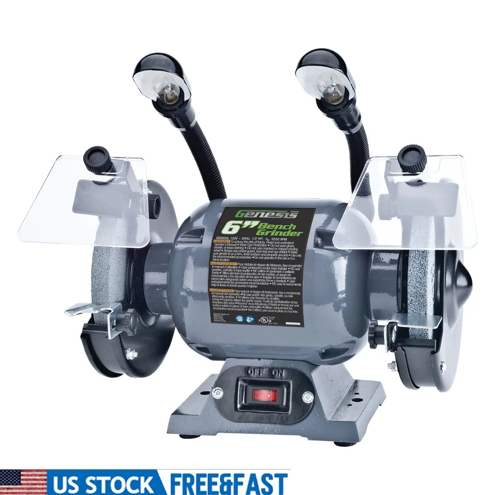 

6-Inch Bench Grinder with 1/2-HP Motor Eye Shields Adjustable Tool Rest 2 Gooseneck Lights Heavy-Duty Base Accessories Included
