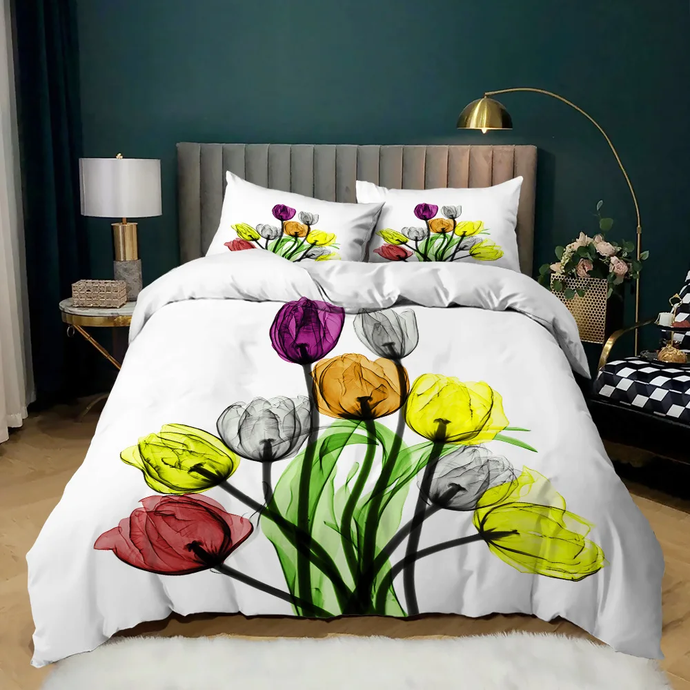 Morning Glory Duvet Cover for Girls Women,Purple Floral with Branch Quilt Cover Set King/Queen Size with Two Pillowcases,White