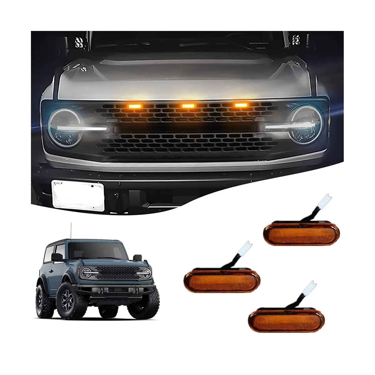 Front LED Grille Lights for Ford Bronco Wildtrak/ Badlands/ First Edition/ Everglads 2021-2023 Amber Dynamic Lamps, 3PCS