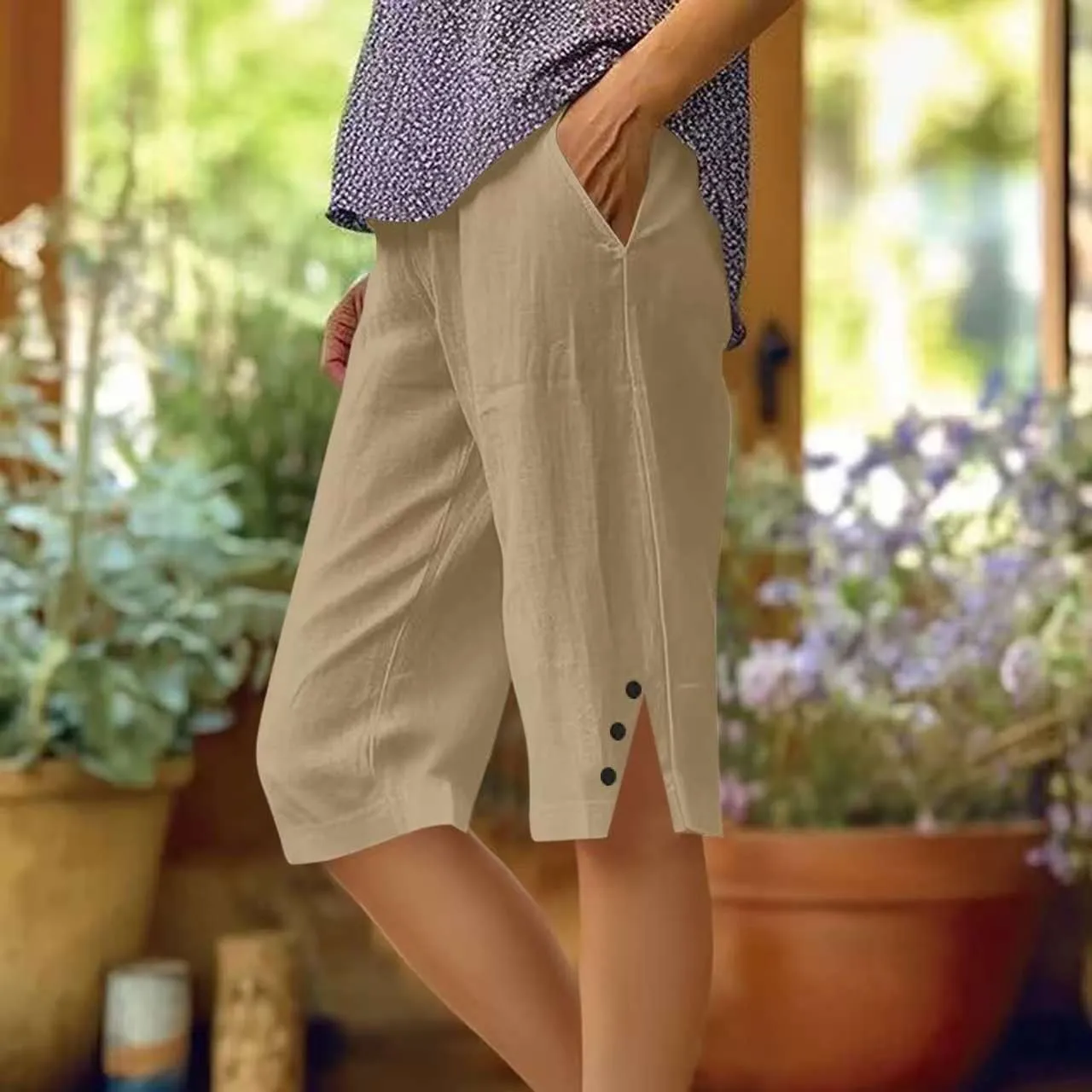 Women Summer Shorts Loose Fit Wide Leg Knee Length Capris with Side Slit Mid Rise Solid Color Cotton Linen Casual Crop Pants