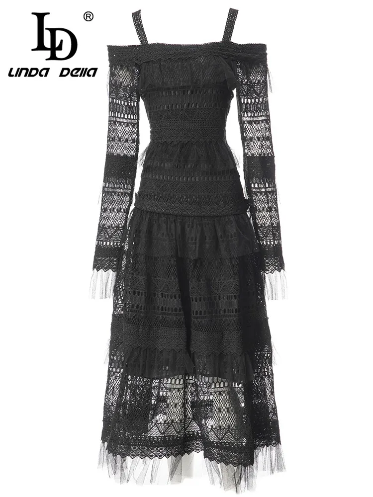 

LD LINDA DELLA Summer Fashion Runway Vintage Dress Women's Black Hollow Out Straight shoulder Suspenders Sexy Lace Dress