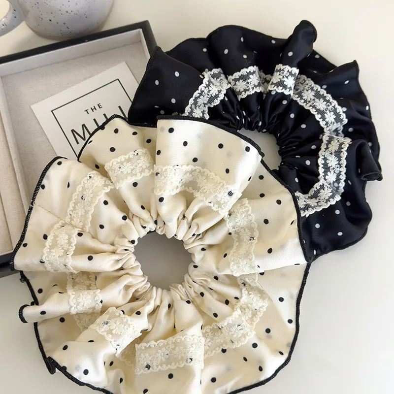 

Retro French Black White Polka Dot Satin Lace Tuba Headbands Womens Gentle Temperament Head Rope Female Fashion Party Hair Ties