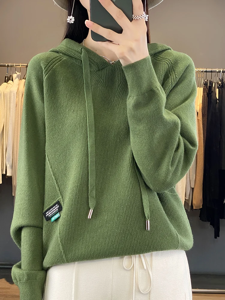 2024 Spring and Autumn Simple Fashion Knitted Hoodie Loose Casual Solid Color Versatile Knitted Women\'s Knitted Hoodie