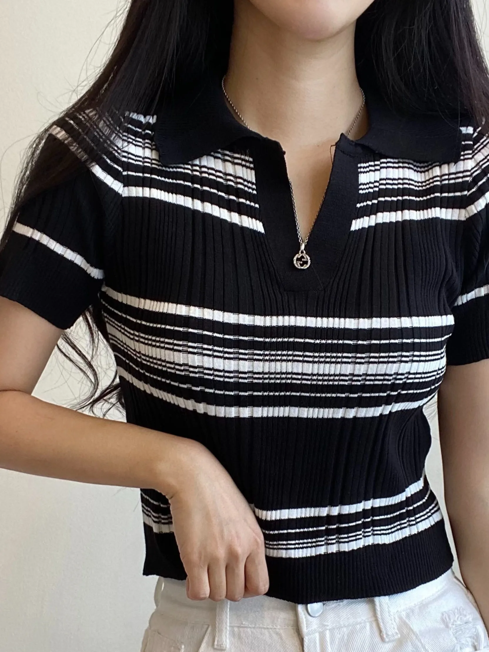 Unikalna amerykańska koszulka w stylu retro, słodko-pikantna, dzianinowa, damska letnia koszulka z designerskim wzorem w paski.