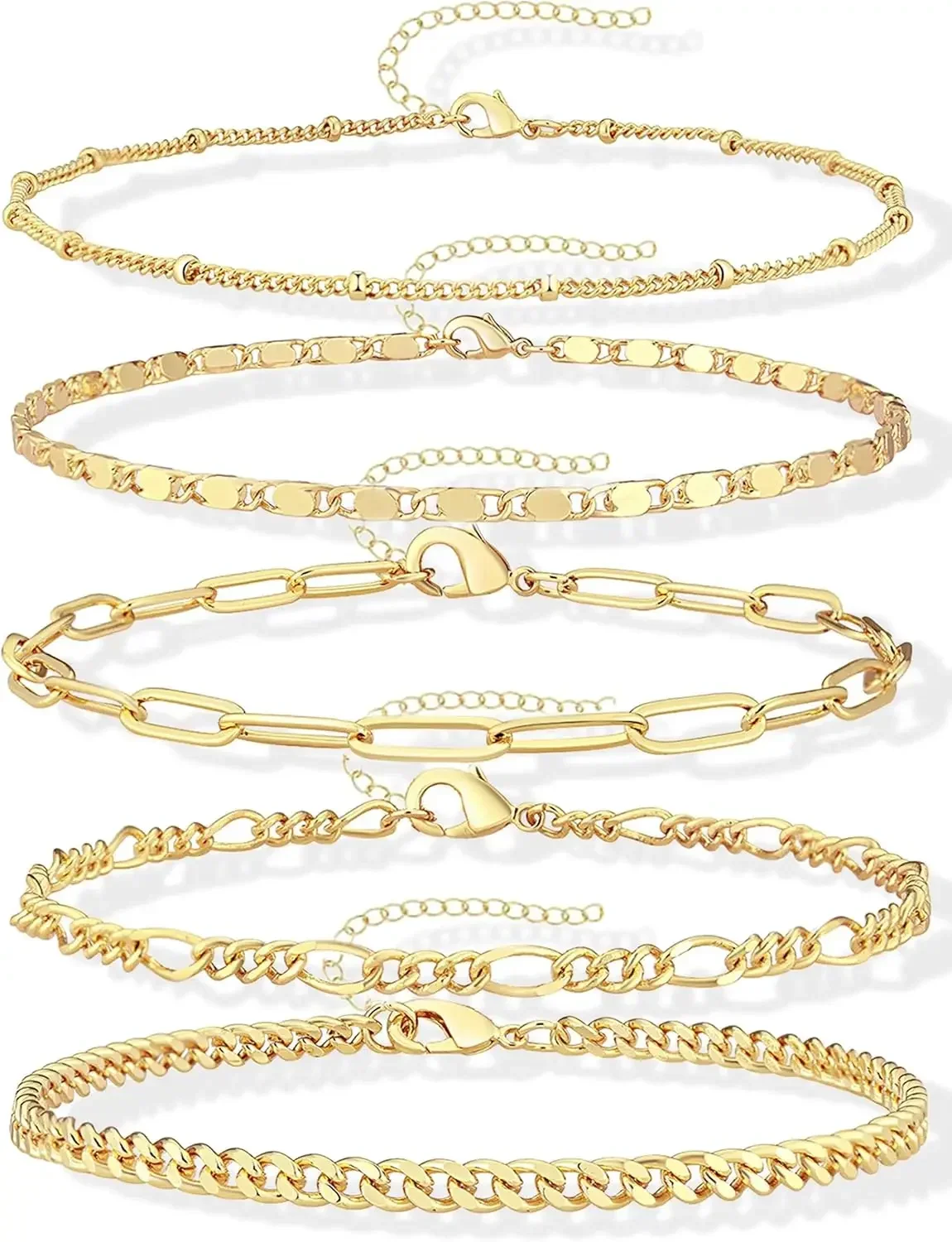 Juego de Pulseras de Oro para Mujer, Antideslustre, Modernas, Chapadas en Oro de 14K, Delicadas, Apilables, Estilo Clip y Cubano