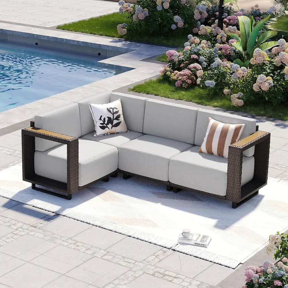4-Piece Outdoor Wicker Sectional Sofa Set with Weather-Resistant Cushions for Patio, Garden, and Poolside in Brown/Light Gray