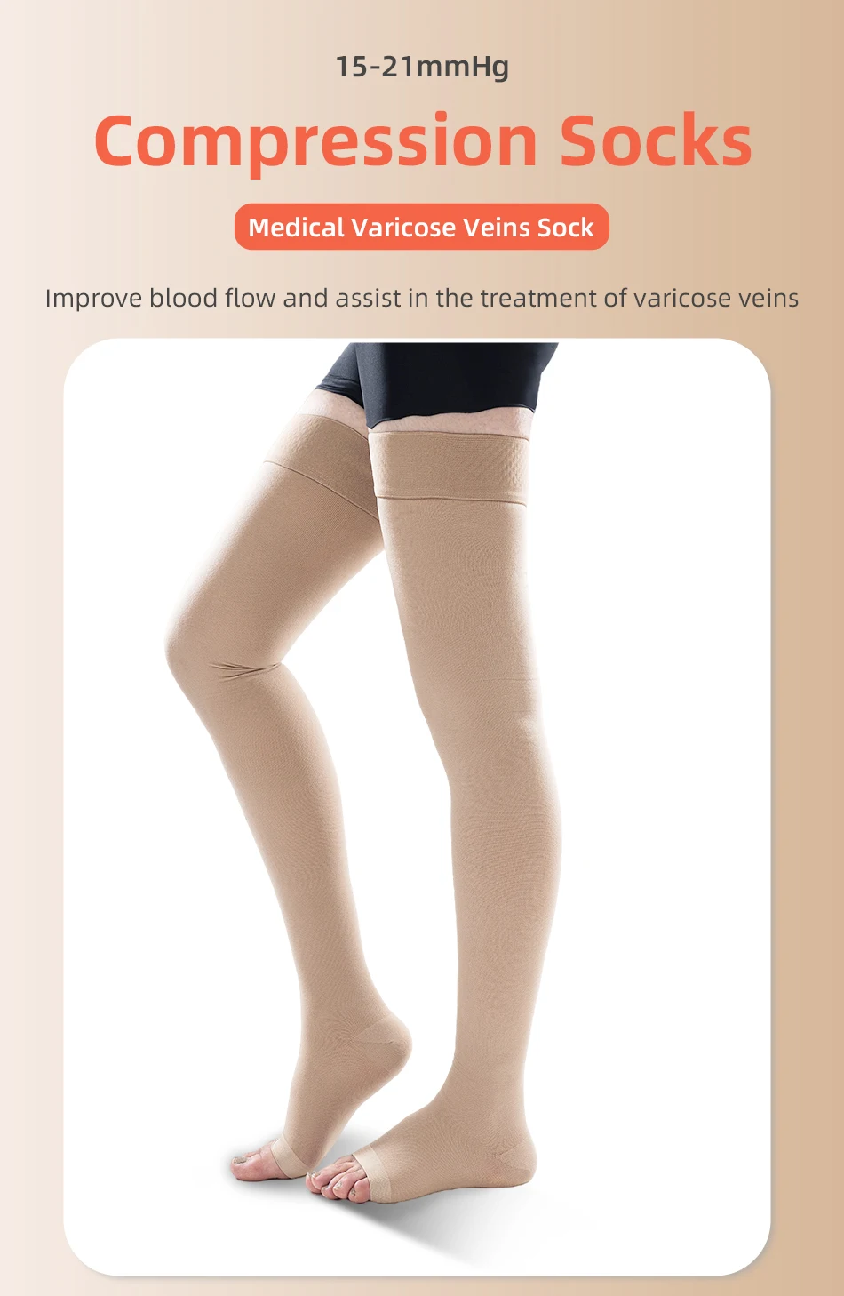 15–21 mmHg, 1 Paar medizinische Kompressionsstrümpfe für Damen, Oberschenkelhoch, verhindert Krampfadern, Socken, offene Zehen, langer Druckstrumpf – Detail 1