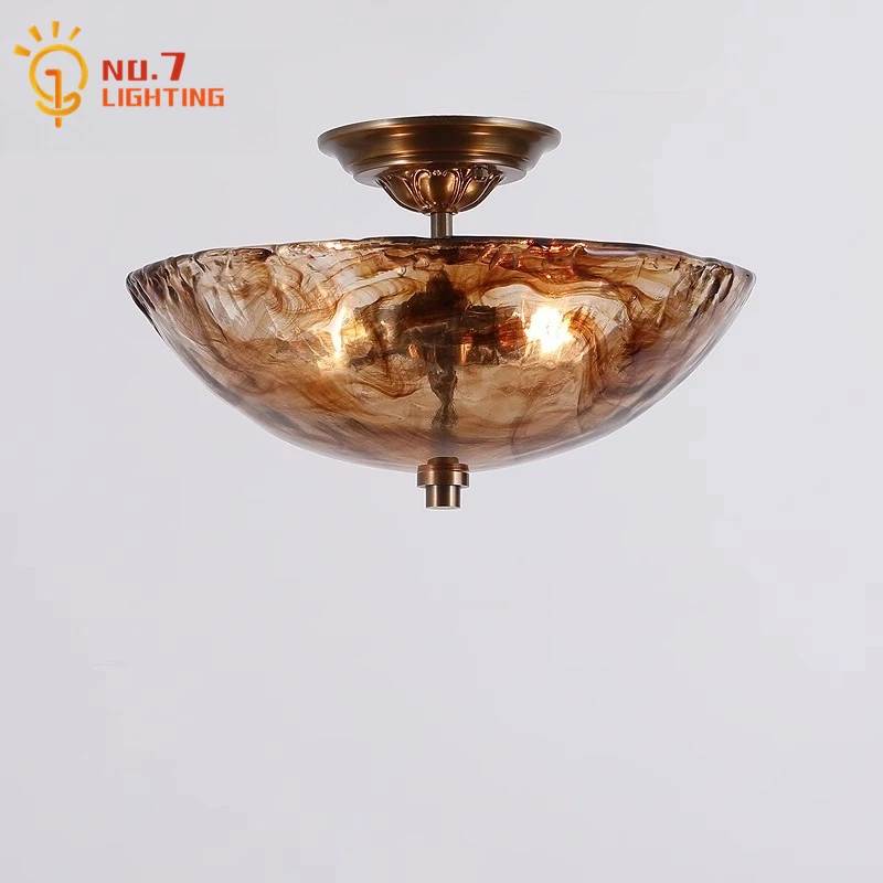

American Vintage Glass Copper Ceiling Lamp LED E14 Atmosphere Medieval Pendant Lights Home Decor Entrance Balcony Aisle Study