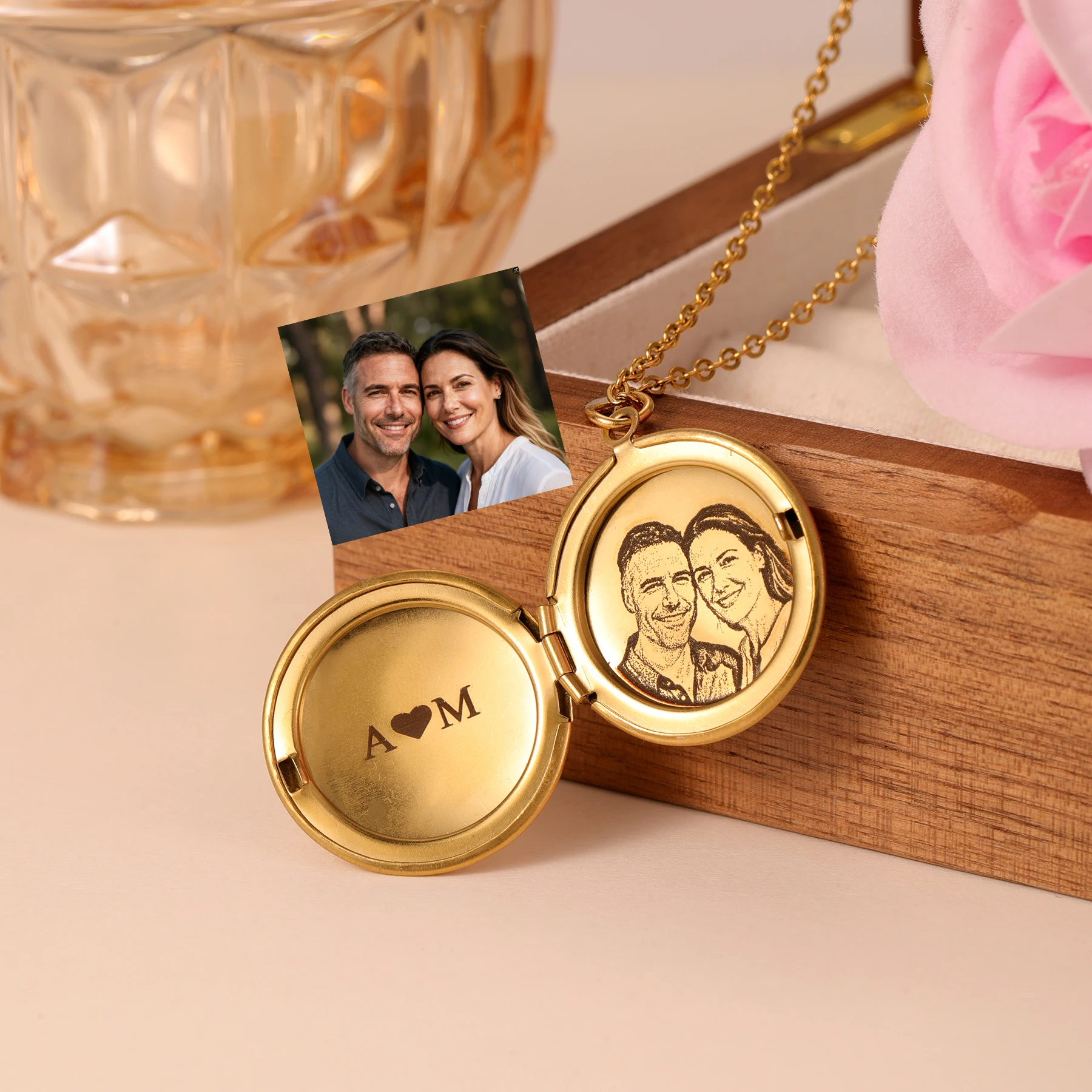 

Custom Locket Necklace Photo Text Engraved Inside Vintage Locket Pendant Personalized Gift for Her Him Valentine's Day gifts