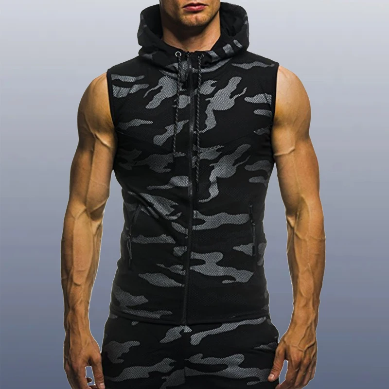 2023 New Men Bodybuilding Tank Tops Sleeveless Hoodies Man Casual Camouflage Hooded Vest Male Camo Clothing