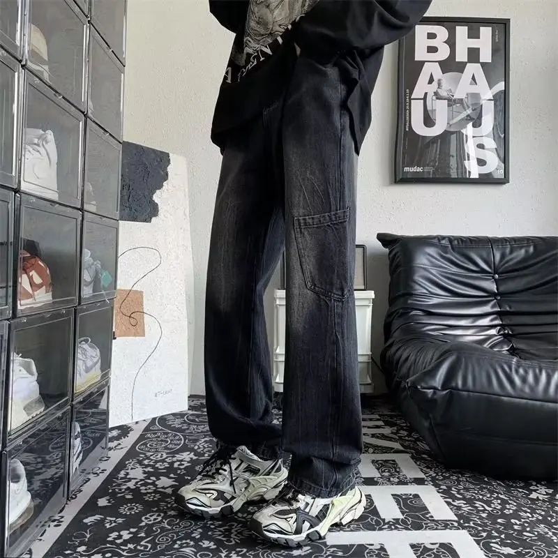 

Мужские джинсы в американском стиле, свободные, широкие, из ледяного шелка, повседневные, модные, для уличной моды, весна-осень, прямые, длинные брюки