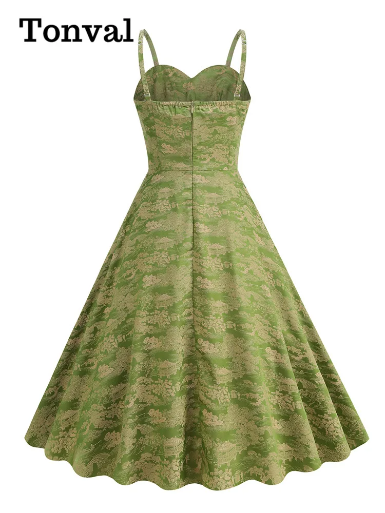 Tonval Spaghetti Strap Green Jacquard abiti da festa Vintage estate vita alta donna increspato davanti Fit e Flare Swing Dress