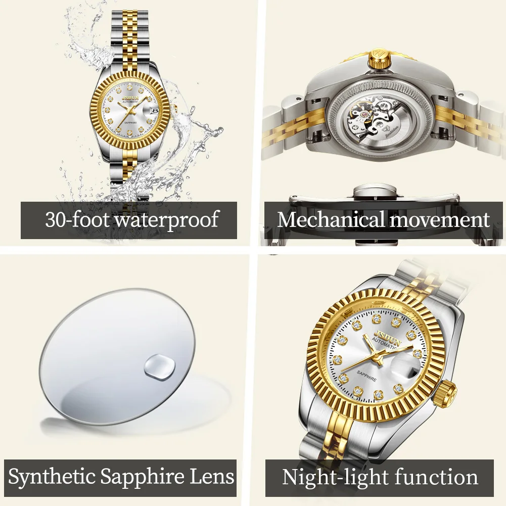 JSDUN 8737 Women Watches High Quality Luxury Elegant Original Mechanical Watch Small Dial Ladies Watch Steel Strap Gifts Box