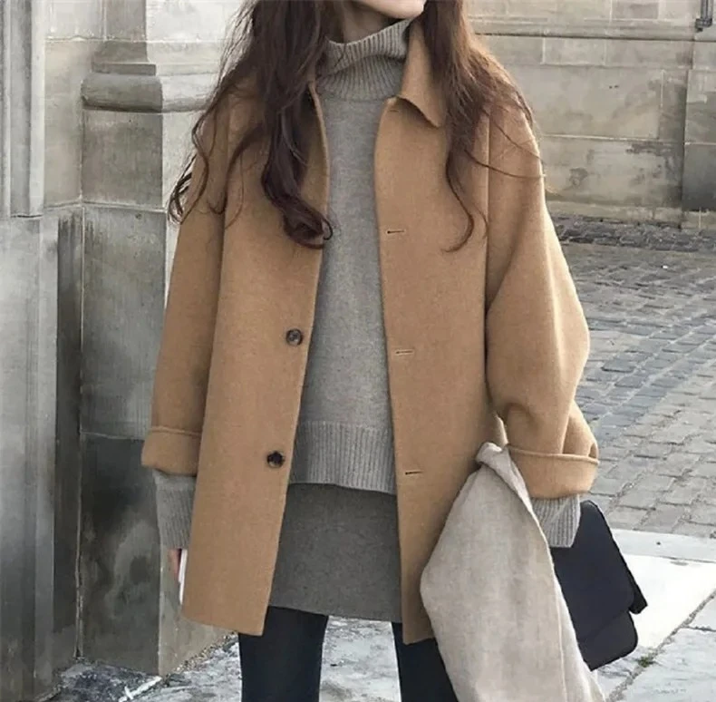 

Autumn Winter New in Mid Length Thick Loose Windbreaker Suit Jacket Elegant Fashionable Solid Color Casual Coat Clothes