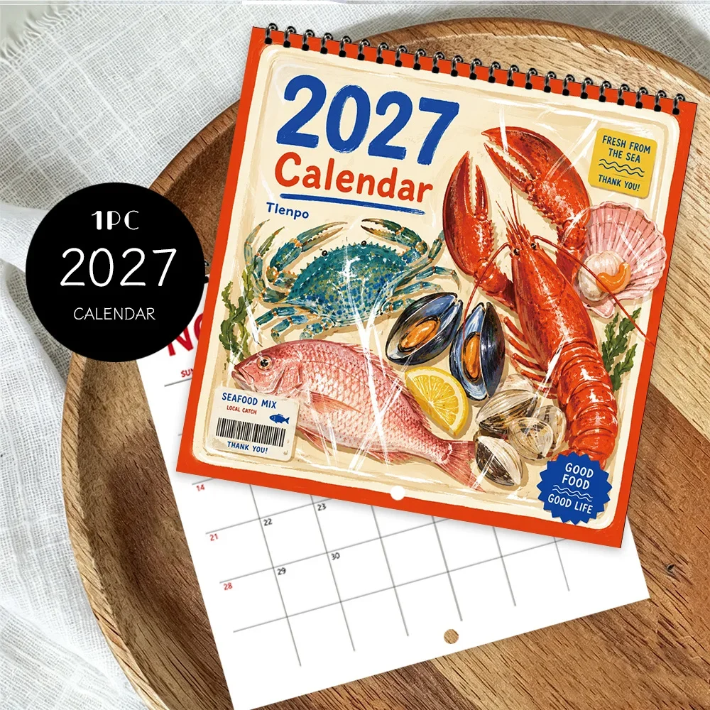 1pc 2027 Seafood Illustration Wall Calendar,12-Month Monthly Planner,Perfect Gift for Back-to-School Season, Christmas, New Year