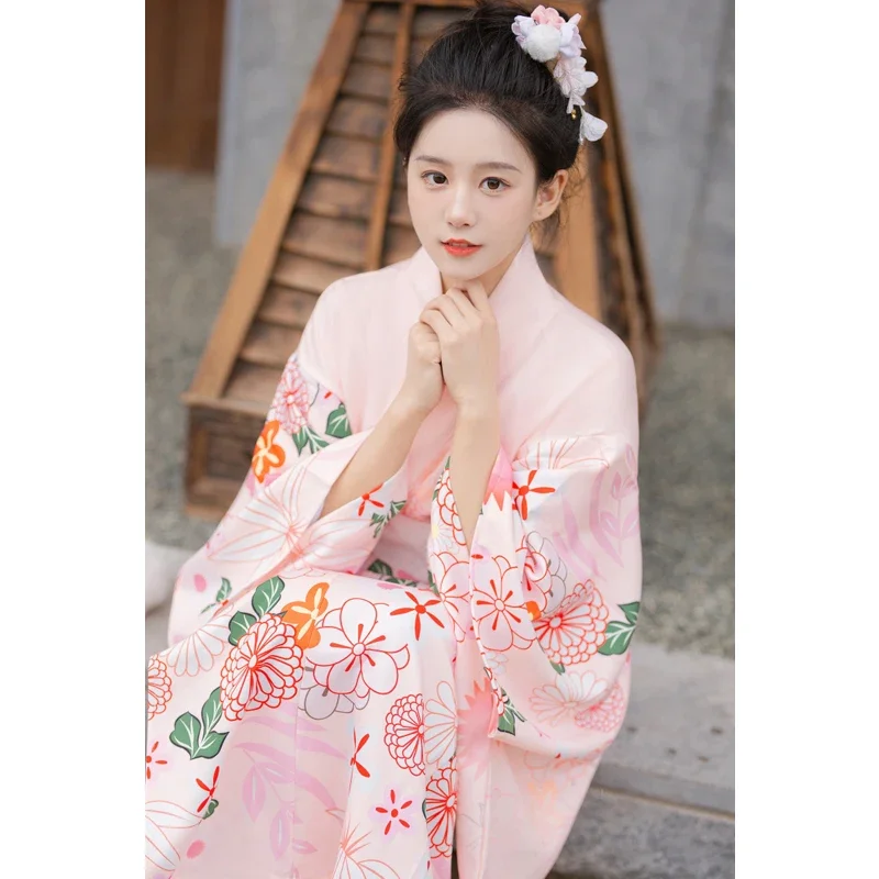 Japanese women traditional dress kawaii pink sakura kimono geisha cosplay costume dance performance photoshooting clothing