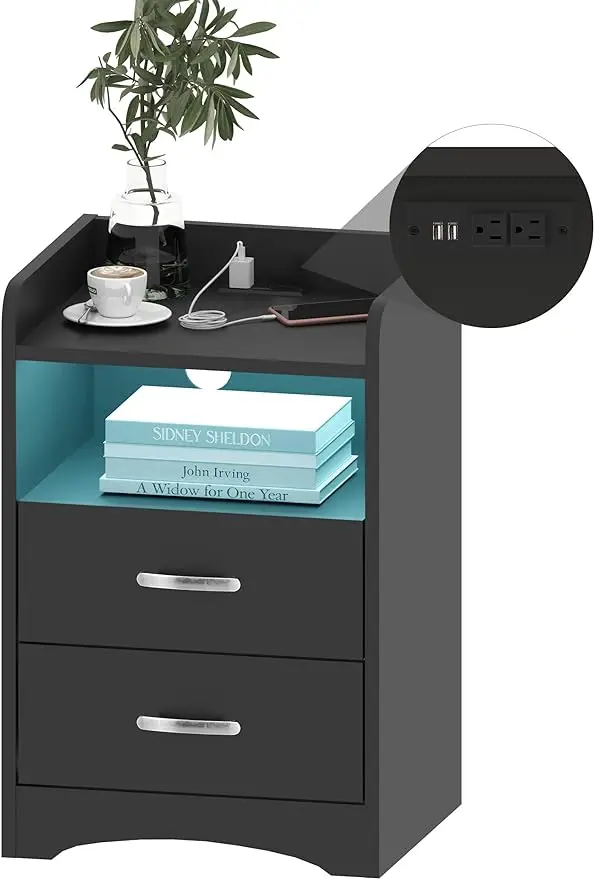 

Nightstand with Charging Station and LED Lights, Modern End Table with 2 Drawers with USB Ports Bedside Tables (Black/White)