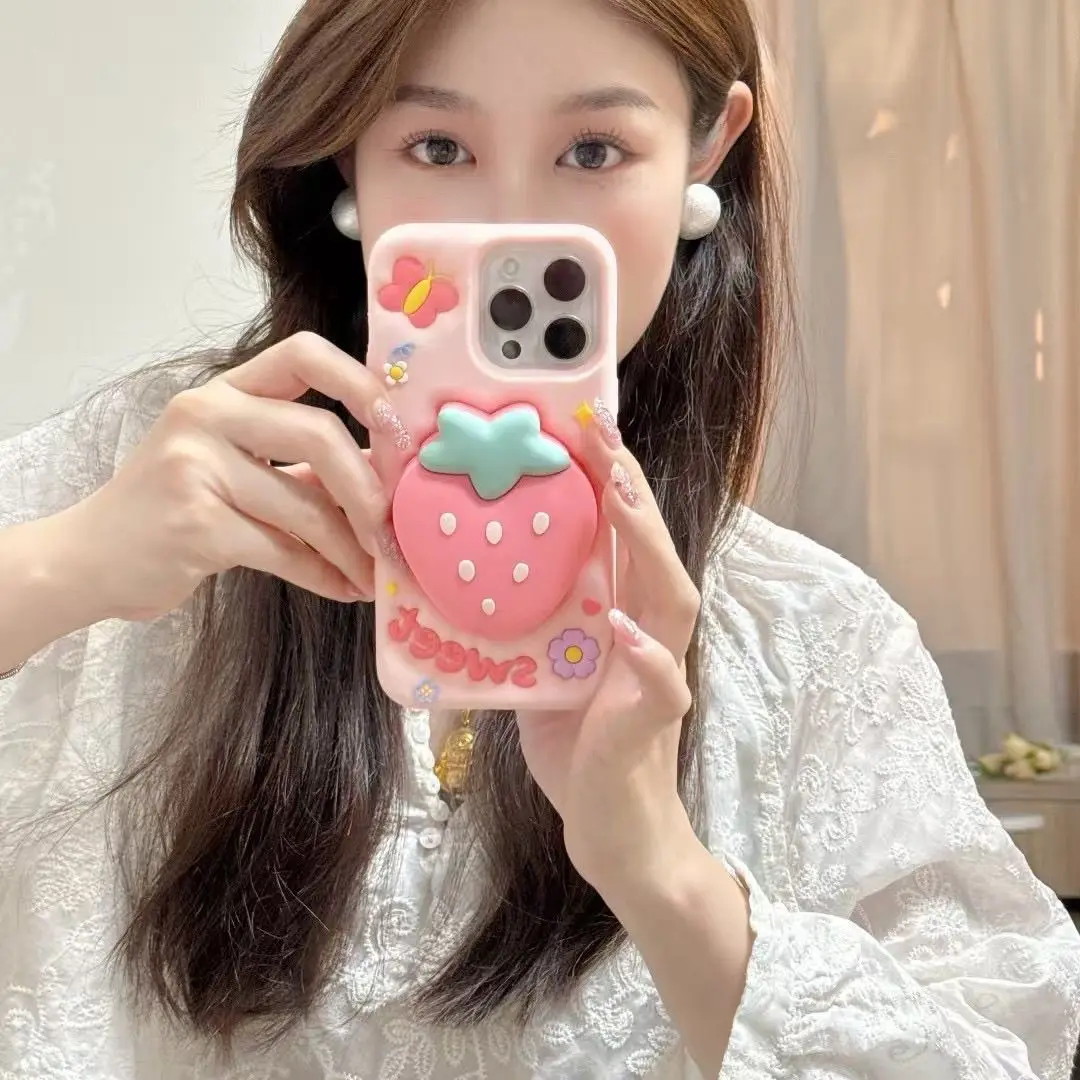 Модный милый силиконовый чехол для телефона с 3D клубничной подставкой для iPhone 17 16 15 14 13 Pro Max 14 15 Plus Sweet Cute Y2K Girl Soft Cover