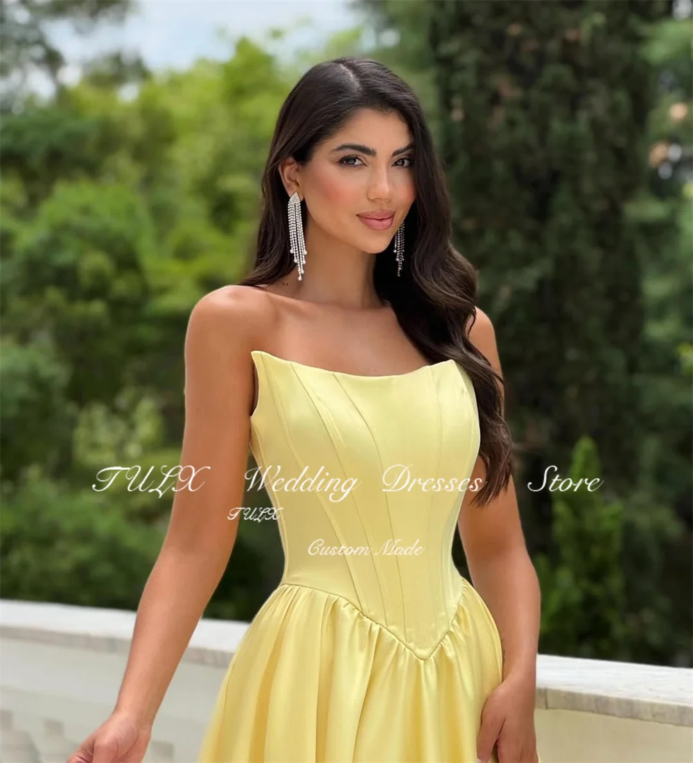 TULX élégant jaune Satin arabie robes de soirée col rond sans manches robe de soirée une ligne longue robe d'occasion formelle personnalisée 2026